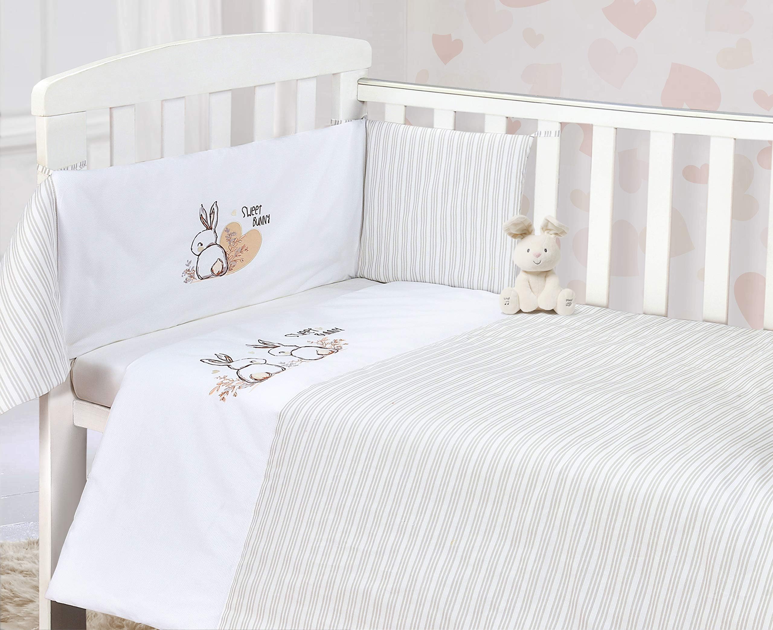 My Little World Nursery Sweet Dreams Bunny Stripes Baby Bale Bedding Set Printed Cot Quilt and Bumper Set - Cotton Mix Baby Cot Bed Set