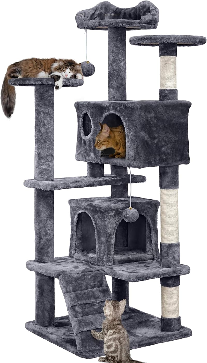 Yaheetech 138.5cm Cat Tree Tower with Condos & Ladder Dark Grey