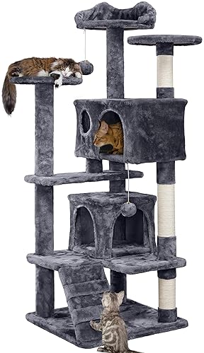Automotive - Yaheetech 54in Cat Tree, Multi-Level Cat Tower with Spacious Kitten-ear Perch, 2 Cozy Caves, Scratching Posts, Climbing Ladder, 2 Plush Balls, Durable Pet House Furniture for Indoor Kittens, Dark Gray