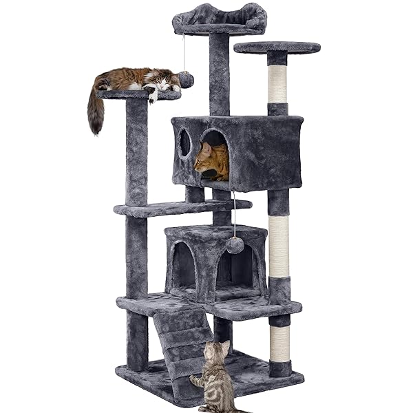 YAHEETECH 54IN CAT TREE, MULTI-LEVEL CAT TOWER WITH SPACIOUS KITTEN-EAR PERCH, 2 COZY CAVES, SCRATCHING POSTS, CLIMBING LADDER, 2 PLUSH BALLS, DURABLE PET HOUSE FURNITURE FOR INDOOR KITTENS, DARK GRAY