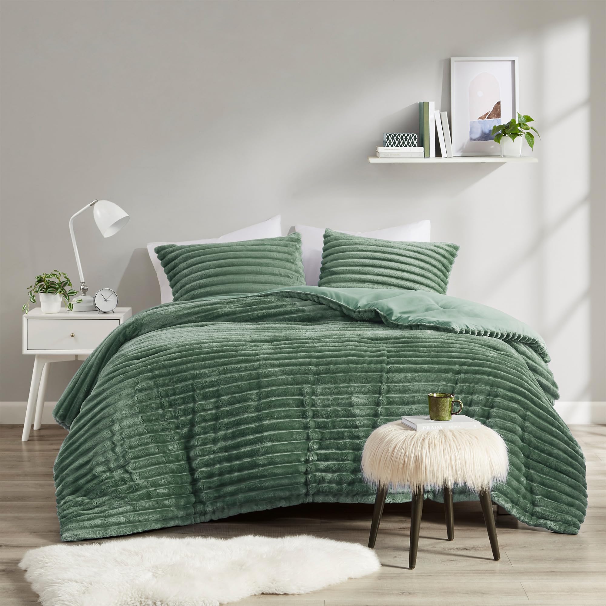 Photo 1 of Intelligent Design Twin Comforter Set, Cozy Plush Bedding, Microfiber Reverse, 2 Piece, Lightweight, Super Soft Ribbed Velvet Comforter 1 Sham, All Season Fluffy Bed Set, Avril, Twin/Twin XL Green