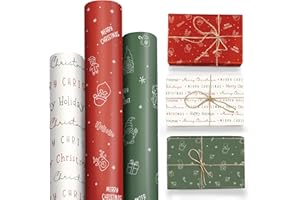 BrightenKidz Set of 3 Christmas Wrapping Paper Rolls, Gift Wrapping Paper for Small & Medium Gifts, Aesthetic Elegant Cute Classic Designs, Holiday Gift Wrap, 17 x 120 inches Per Roll (3 Rolls)