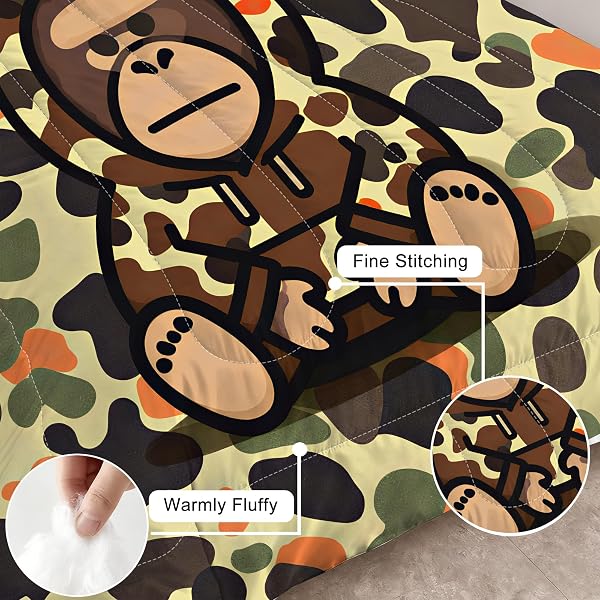 VTKON CAMOUFLAGE BEDDING SET FULL/QUEEN FOR BOYS KIDS TEENS AUDLTS CARTOON GORILLA COMFORTER SET CAMO ARMY GREEN MILITARY BED SET FOR BEDROOM HIP HOP ART QUILT SET WITH 1 COMFORTER + 2 PILLOWCASES