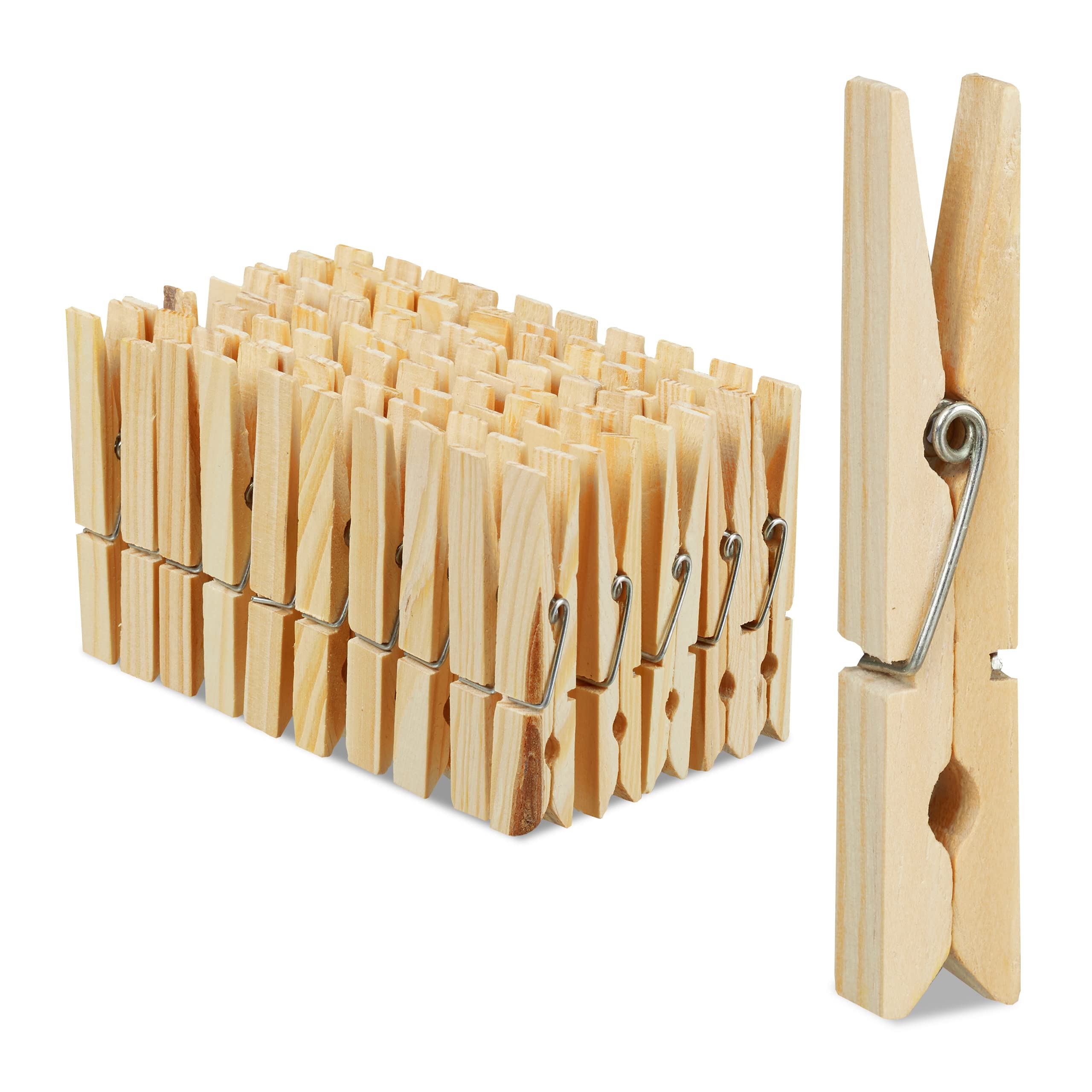 Relaxdays Laundry Pegs, Set of 100, big wooden Pegs, crafts,Clothespins for drying, metal spring, natural