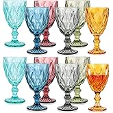 Set of 12 Vintage Glass Goblets Bulk 10 oz Multi Colored Stemware Wine Glasses Crystal Stemmed Drinking Glasses Cups Diamond Pattern Glassware Set for Party Wedding Bar Water Juice Beverage 6 Colors