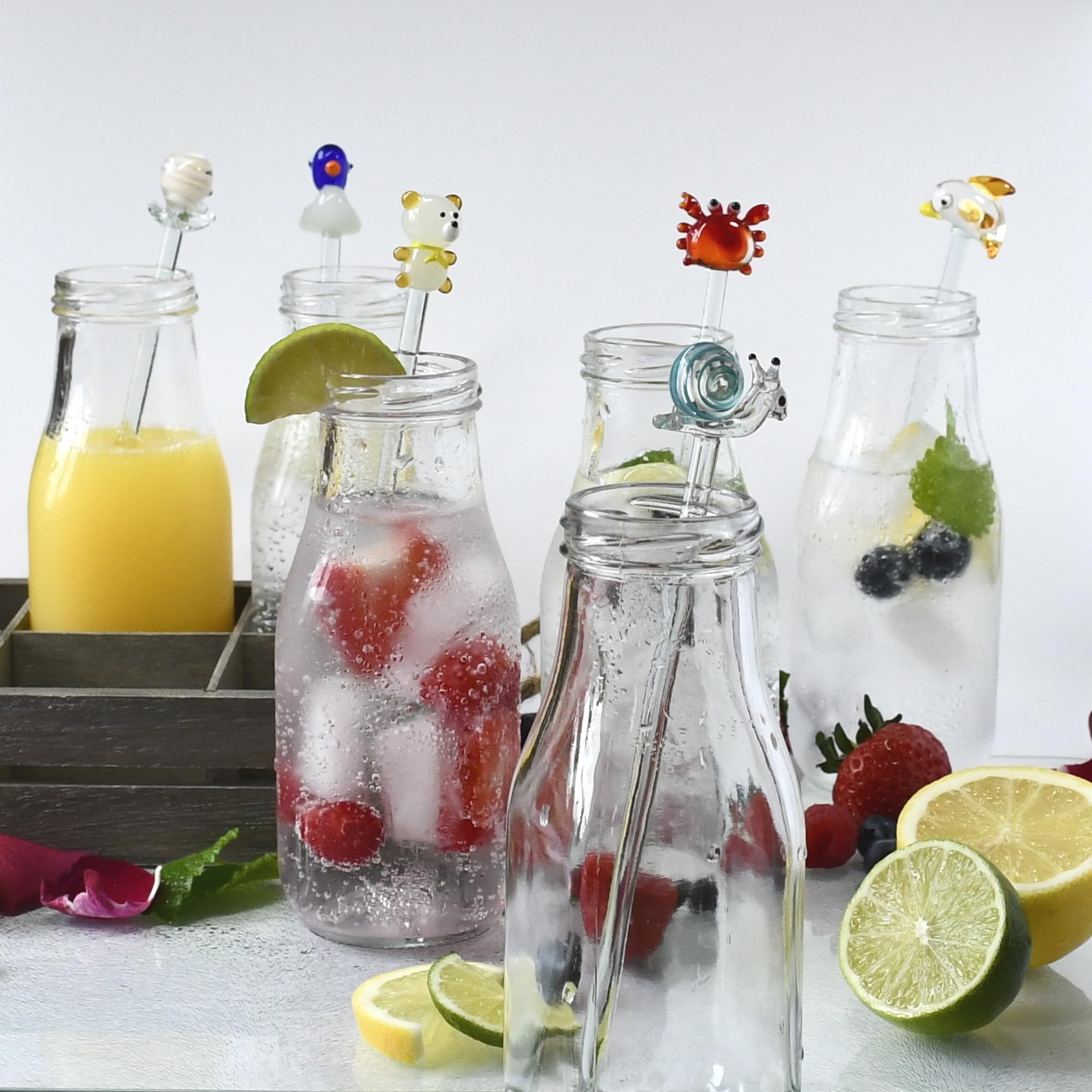 MiT District Glass Drink Stirrers – Handmade Cocktail Sticks with Adorable Animal Toppers – Great Party Gift Set of 6 (Version 9 - Crab, Dolphin, Duck, Octopus, Snail, Bear)