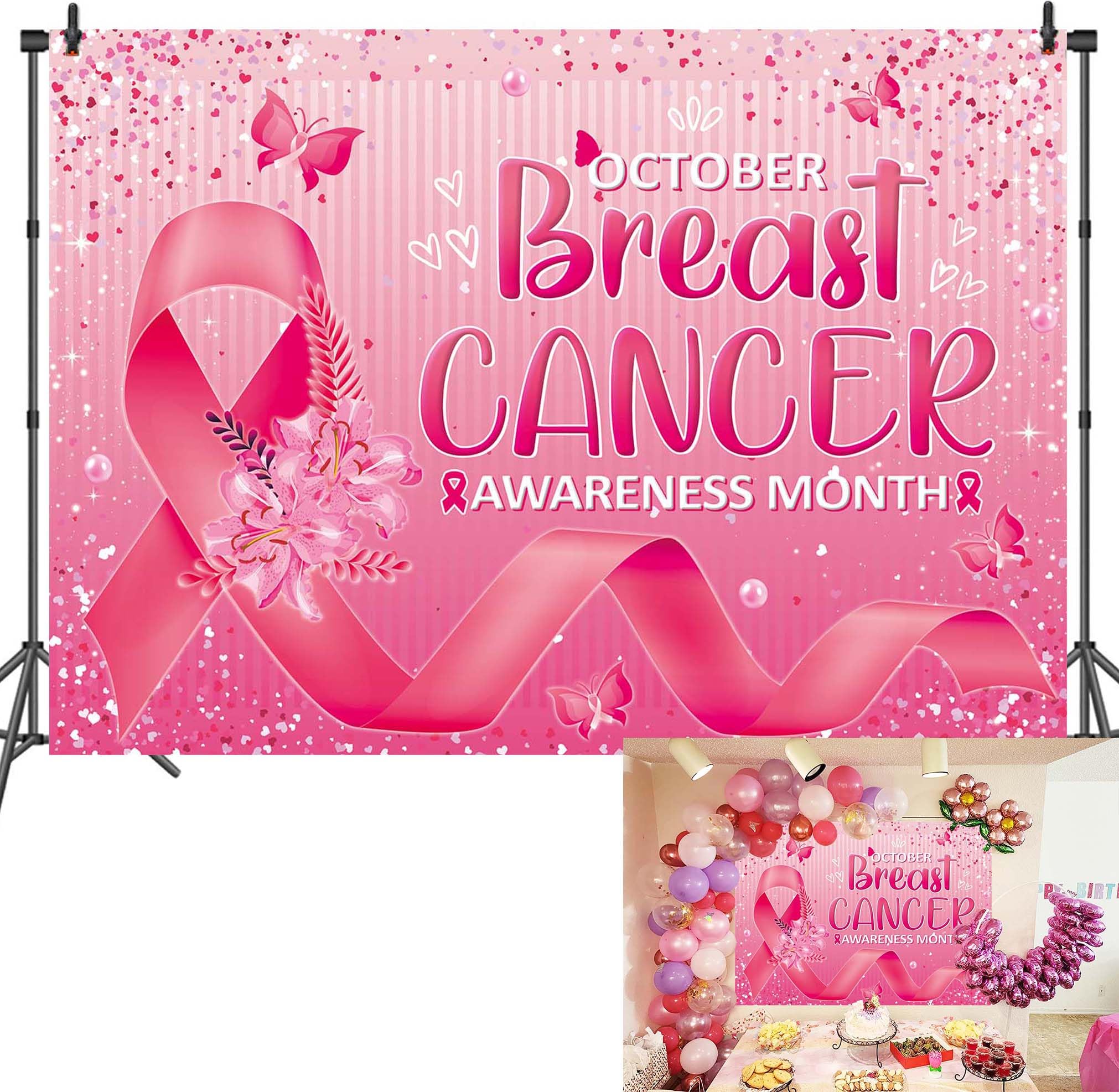 Photo 1 of BAIFNEZ Breast Cancer Awareness Backdrop Pink Ribbon October Caring Day Banner Background 6x4FT Breast Cancer Month Charity Activities Party Decorations Supplies