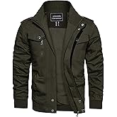 CRYSULLY Men's Cotton Military Jacket Lightweight Casual Windbreaker Stand Collar Bomber Jackets Coat with Multi Pockets