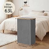 efluky Slim Laundry Basket with Lid 63L Narrow Foldable Linen Bamboo Grey view 3