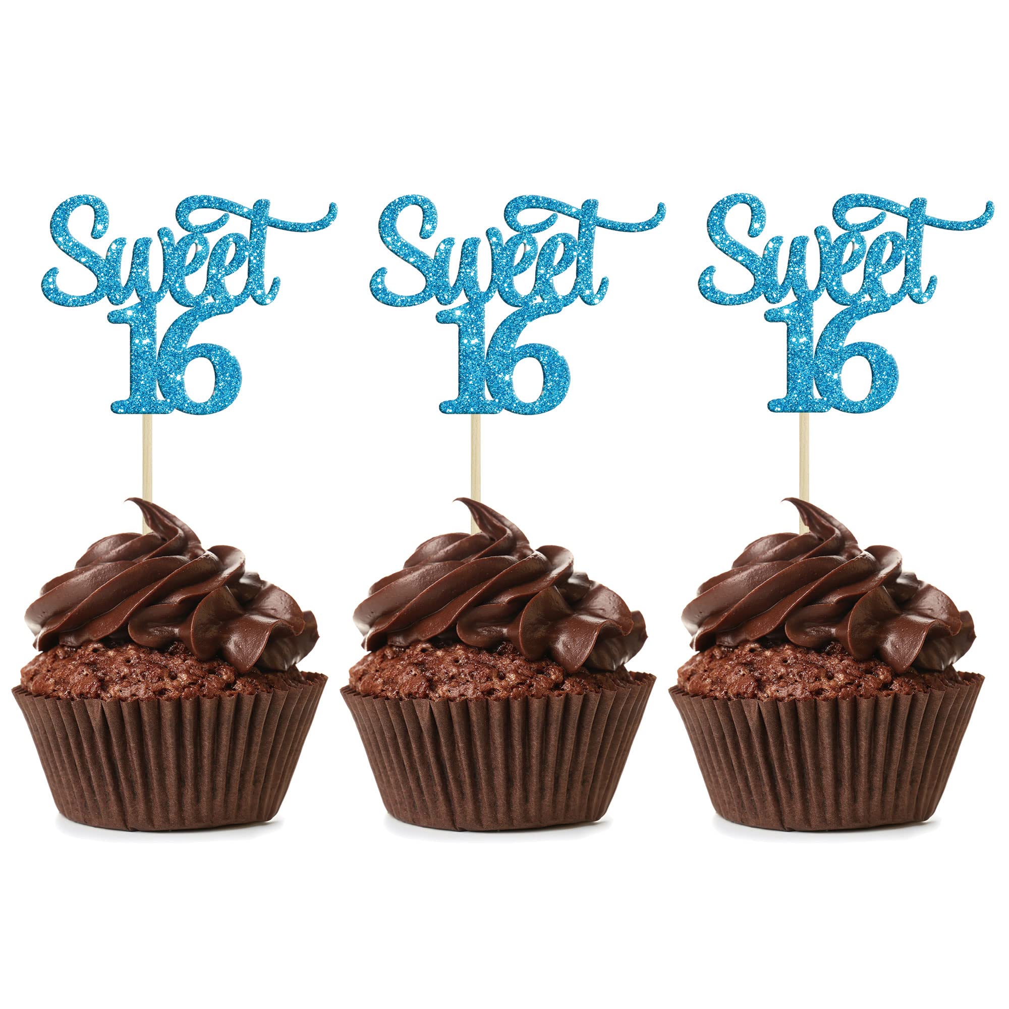Photo 1 of Gyufise 24Pcs Sweet 16 Cupcake Toppers Blue Glitter Sixteen 16th Birthday Cupcake Picks Age 16 16th Birthday Anniversary Party Cake Decorations Supplies