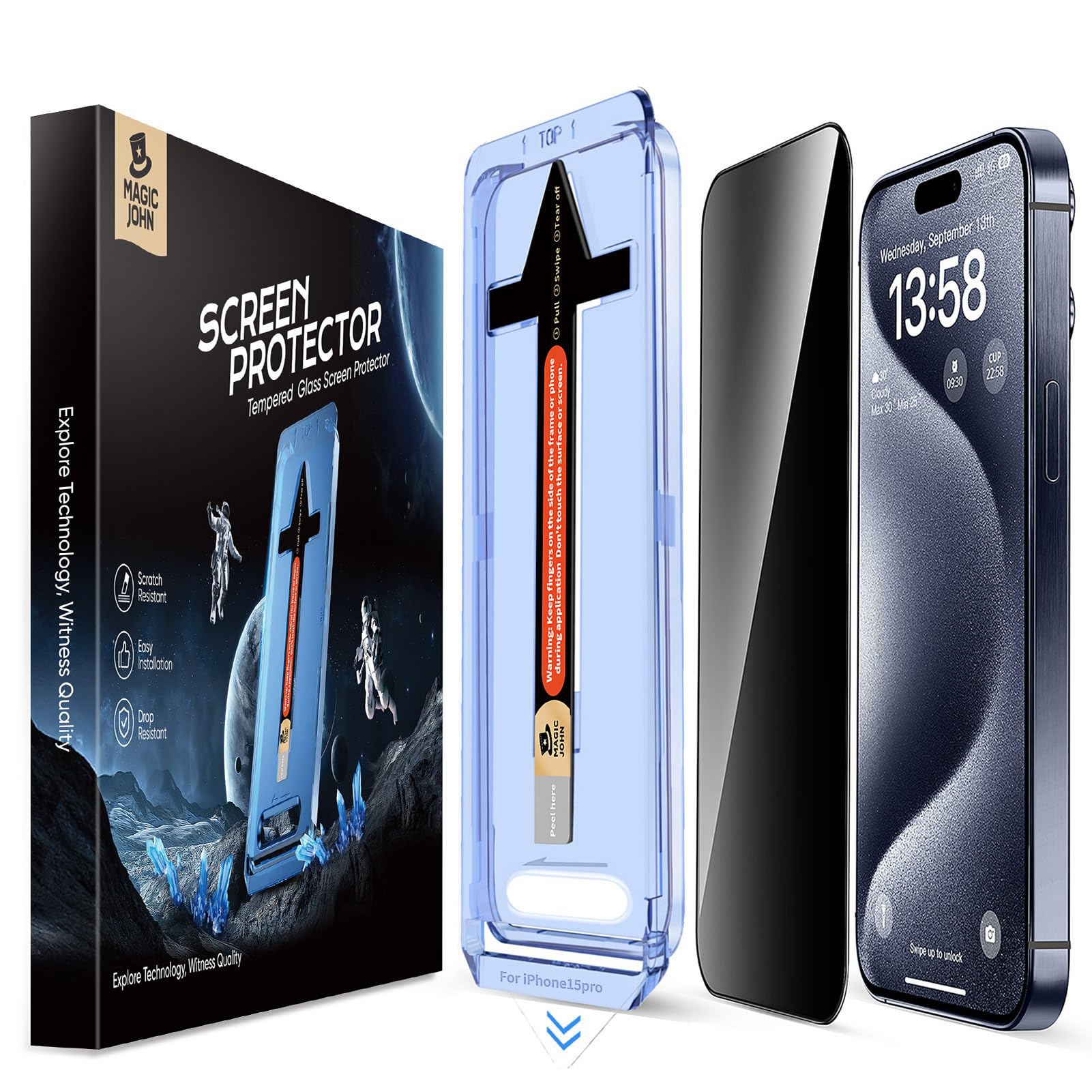 MAGIC JOHN 2 Pack for iPhone 15 Pro 6.1 inch Privacy Glass Screen Protector, Anti-spy Tempered Glass Film, Auto Dust-Elimination Installation, Bubble Free, Case Friendly
