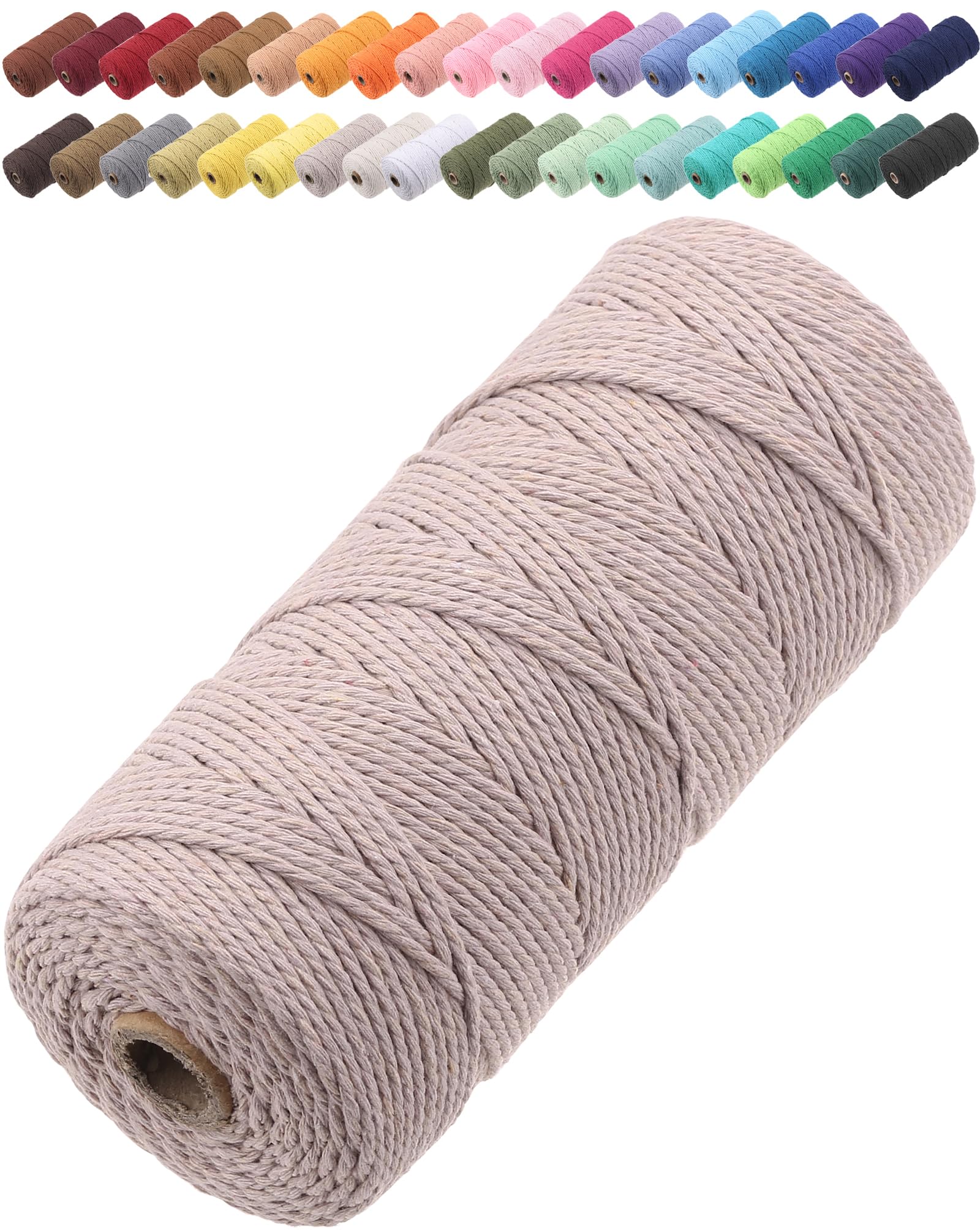 GOHOF Macrame Cord 2mm x 205m Premium Cotton Macrame Rope, 3 Strand Twisted Soft Cotton Cord, One of The Most Perfect Materials for Macrame Art, Cotton String Without Chemicals (Warm Gray)