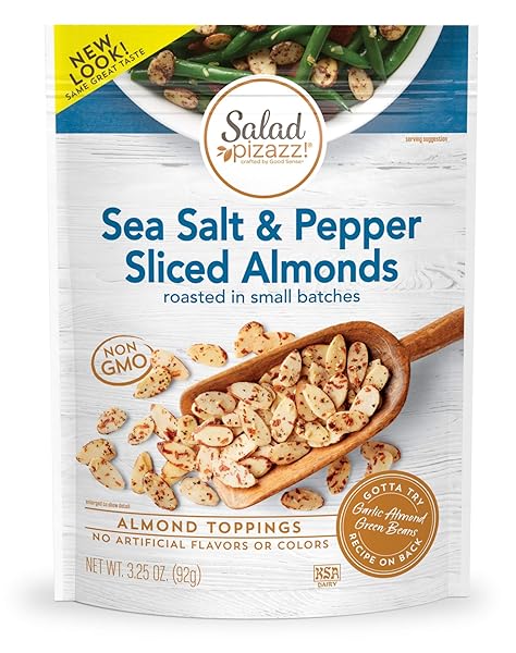 SALAD PIZAZZ SLICED ALMONDS, SEA SALT CRACKED PEPPER, NON-GMO, ALL-NATURAL, KOSHER SALAD TOPPER, RESEALABLE BAG, 3.25 OUNCE