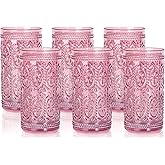 Darlion 6 Pack Pink Glassware Drinking, 12oz Highball Embossed Beverage Glass Cup, Vintage Drinking Glasses, Colored Water Glasses for Party Wedding Home Office and Gift