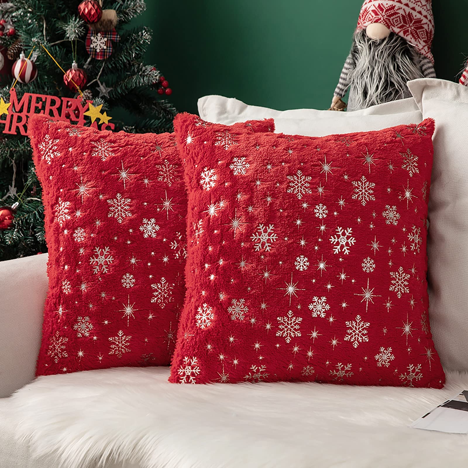 MIULEE Pack of 2 Christmas Cushion Covers Faux Fur Throw Pillow Cover Fluffy Soft Decorative with Snow Patterns Square Pillow Covers Plush Case for Sofa Bedroom 16 x 16 Inches 40 x 40 cm Red
