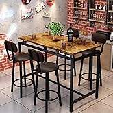 5 Piece Bar Table and Chairs Set for 4, Counter Height Rectangular Pub Dining Set, Wood Top Bistro Set with 4 Backrest PU Upholstered Bar Stools for Breakfast Nook, Living Room &amp; Small Kitchen