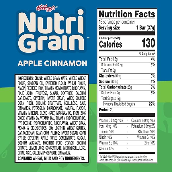 NUTRI-GRAIN BREAKFAST BARS, MADE WITH 10G WHOLE GRAINS, SNACK BARS, APPLE CINNAMON, 20.8OZ BOX (16 COUNT)