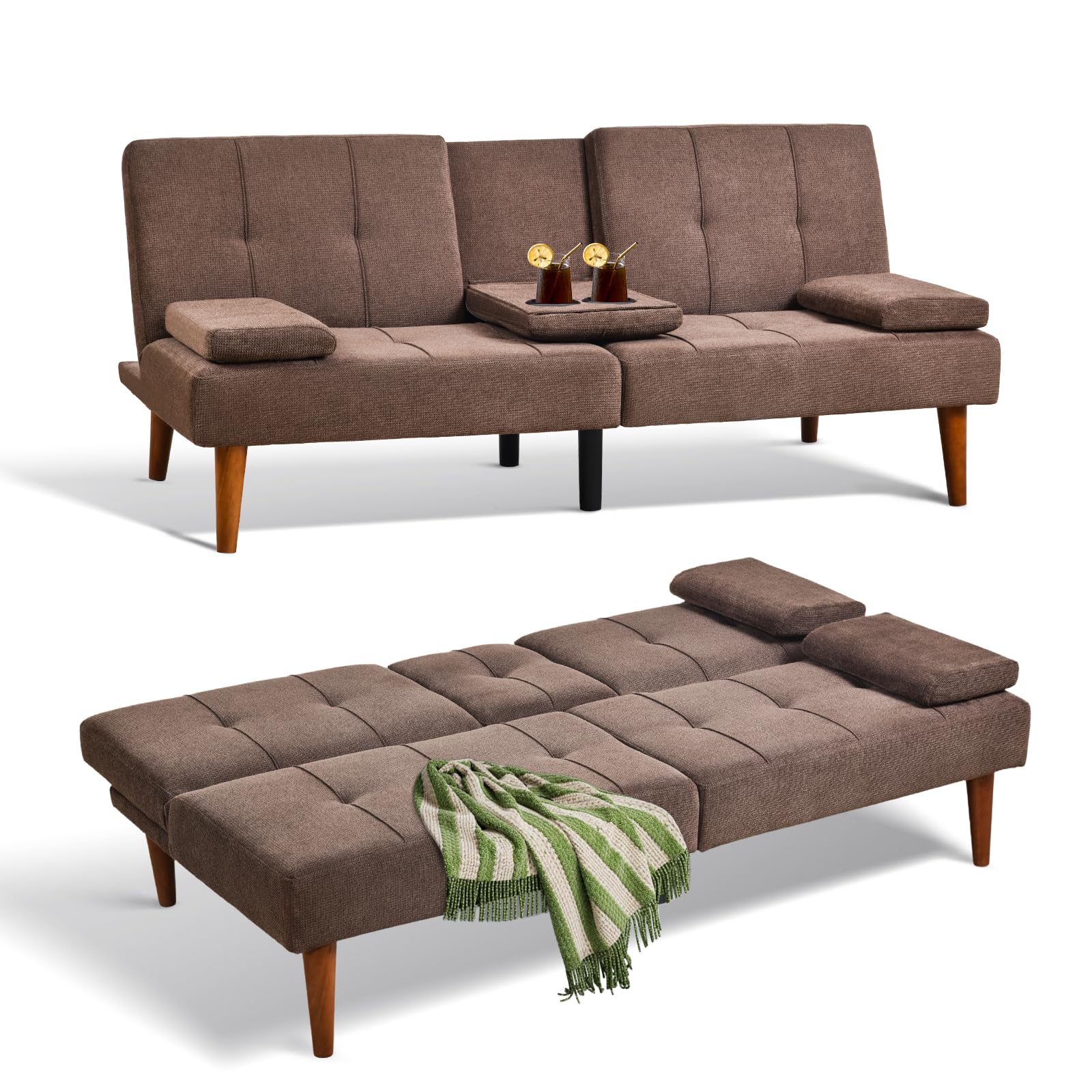 Photo 1 of COLAMY Futon Sofa Bed-Fabric Small Couch, Convertible Sofa Bed with 2 Cup Holders, Removable Soft Armrest, Adjustable Backrest for Dorm/Bedroom/College