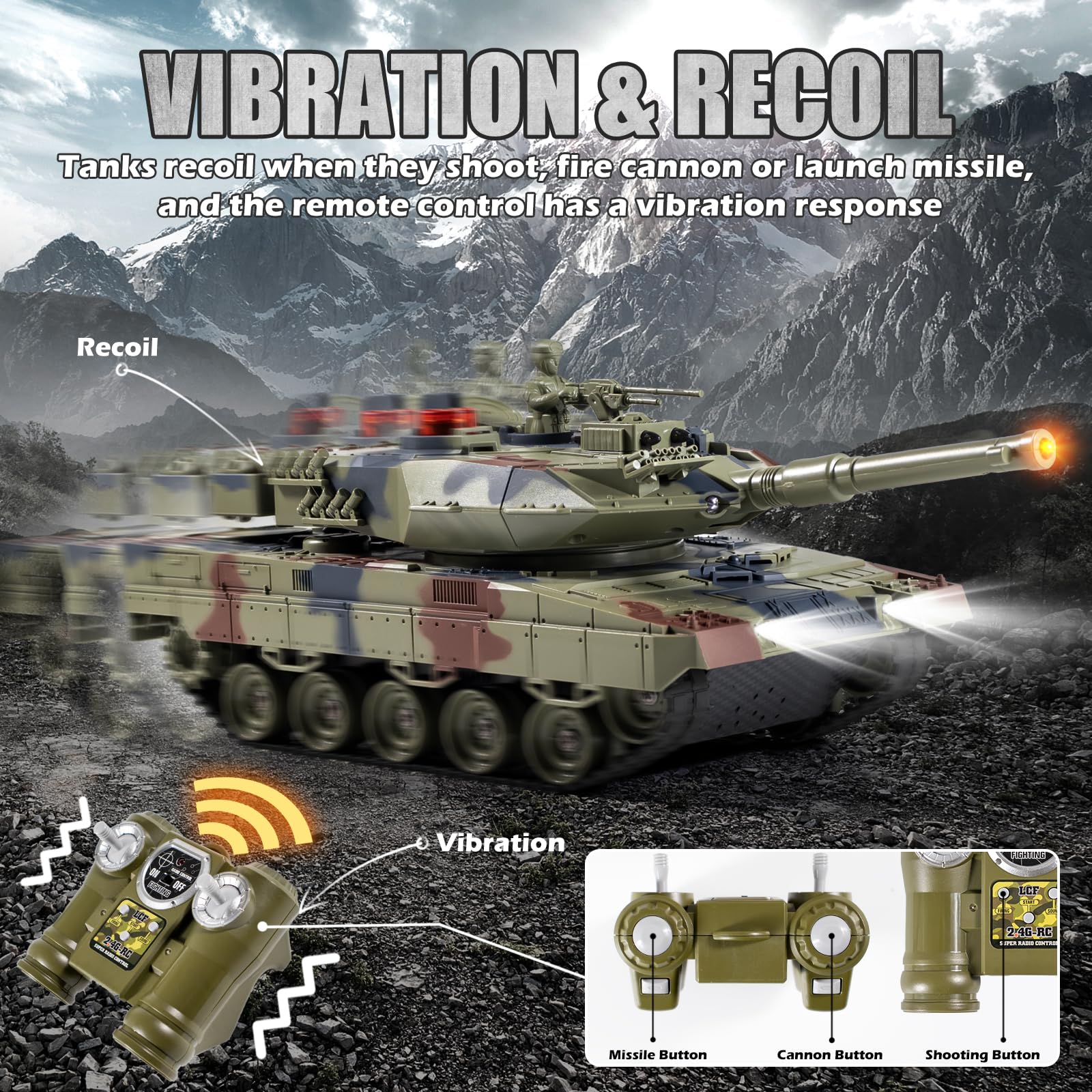 Supdex 1/24 RC Battle Tank Set, Remote Control USA M1A2 and Ger Leopard II Army Toy That Shoots for Kids and Adults, 2.4G Tank Model Toy for Boys Age 6+ Year Old with Sound Effects, Lights and Smoke