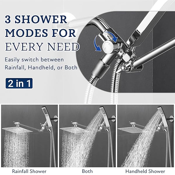 G-PROMISE ALL METAL 10″ DUAL SQUARE SHOWER HEAD COMBO | RAIN SHOWER HEAD | HANDHELD SHOWER WAND | ADJUSTABLE | SMOOTH 3-WAY DIVERTER | 71″ EXTRA LONG HOSE – A BATHROOM UPGRADE (CHROME)