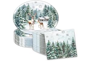 POLAXIUM 100Pcs Christmas Oval Large Plates and Napkins, 12"x10" Heavy Duty Winter Paper Plates Disposable Tableware Set Pine Tree Bear Frost Decor for Xmas Holiday Party Supplies Decorations for 50 Guests