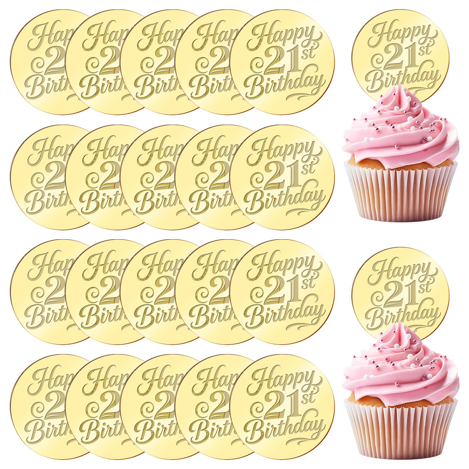 URROMA 20Pcs Round Cupcake Toppers, 21st Birthday Mirror Acrylic Cake Topper Birthday Cake Disc Chrams for DIY Craft Cake Decortion Birthday Party Supplies