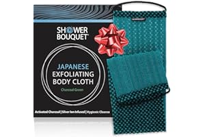 SHOWER BOUQUET Japanese Exfoliating Washcloth for Back & Body - Charcoal & Silver Ion Exfoliating Towel - Two-Sided Gentle Exfoliation