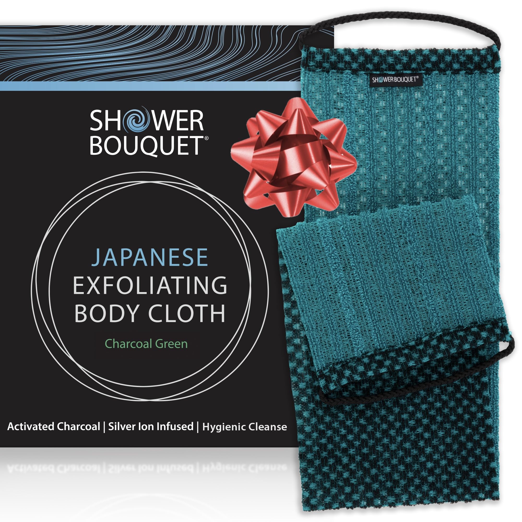 Japanese Exfoliating Washcloth for Back & Body - Charcoal & Silver Ion Exfoliating Towel with Handles - Two-Sided Gentle Exfoliation & Deep Cleansing Soft Body Wash Cloths for Shower - Green