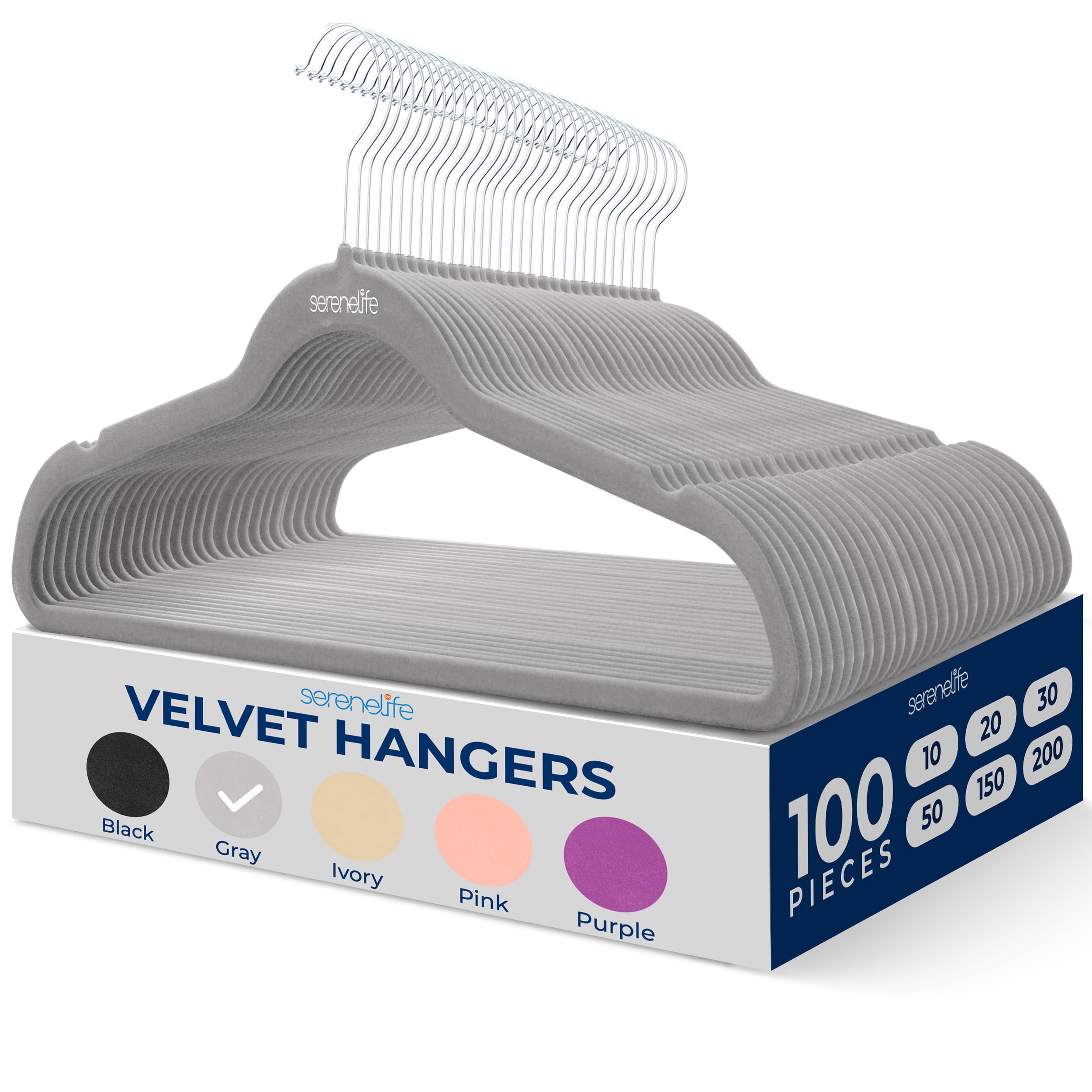 SereneLife 100-Pack Premium Velvet Hangers – Ultra-Thin, Non-Slip & Heavy-Duty Clothes Hangers with 360° Swivel Hooks – Space-Saving Velvet Coat Hanger Set for Shirts, Suits, Dresses & Jackets (Gray) Image