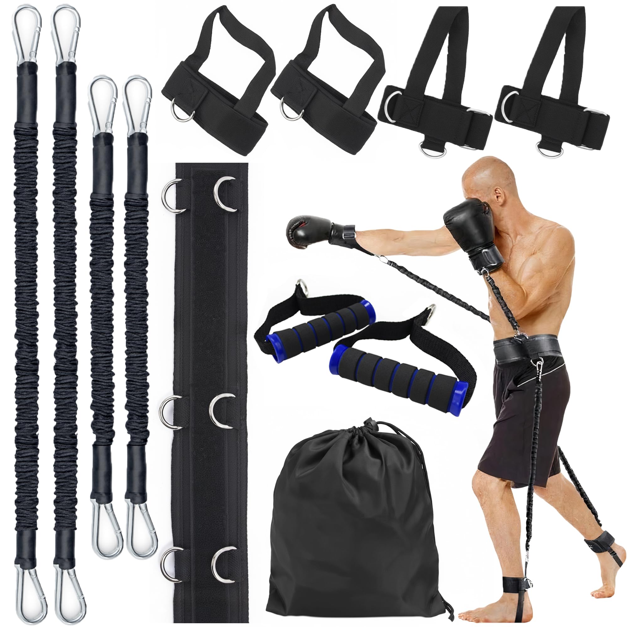 MuscleForge Boxing Resistance Bands for Training at Home – Full Body Workout Set with Belt & Straps – Boxing Training Equipment for Punching, Jumping, MMA & Speed Conditioning – 12-Piece Kit