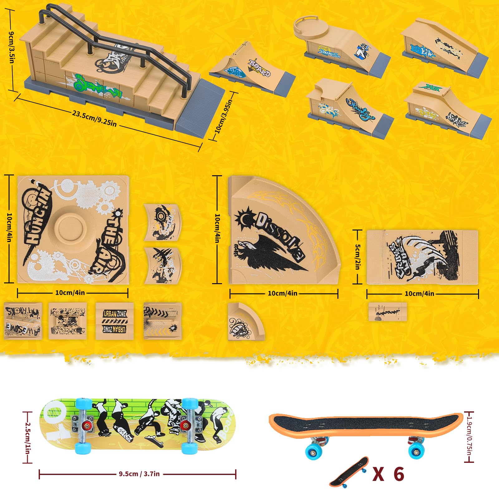 Finger Skateboards Ramp Set, 6 in 1 Fingerboard Skatepark Deck with 11 Buffer Plate, Fingerboard Half Pipe Ramp for Kids Adults Fingerboard Train Props Interactive Freestyle Game