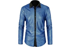 CARUHIF Men's 70s Disco Shirt Sequin Long Sleeve Button Shirts Shiny Prom Party Costume