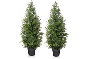 LOMANTO Outdoor Artificial Topiary Cedar Tree 2Pack Fake Tree 3Ft UV Rated Potted Plants for Porch Decor Faux Pine Tree for Perfect Housewarming Gift