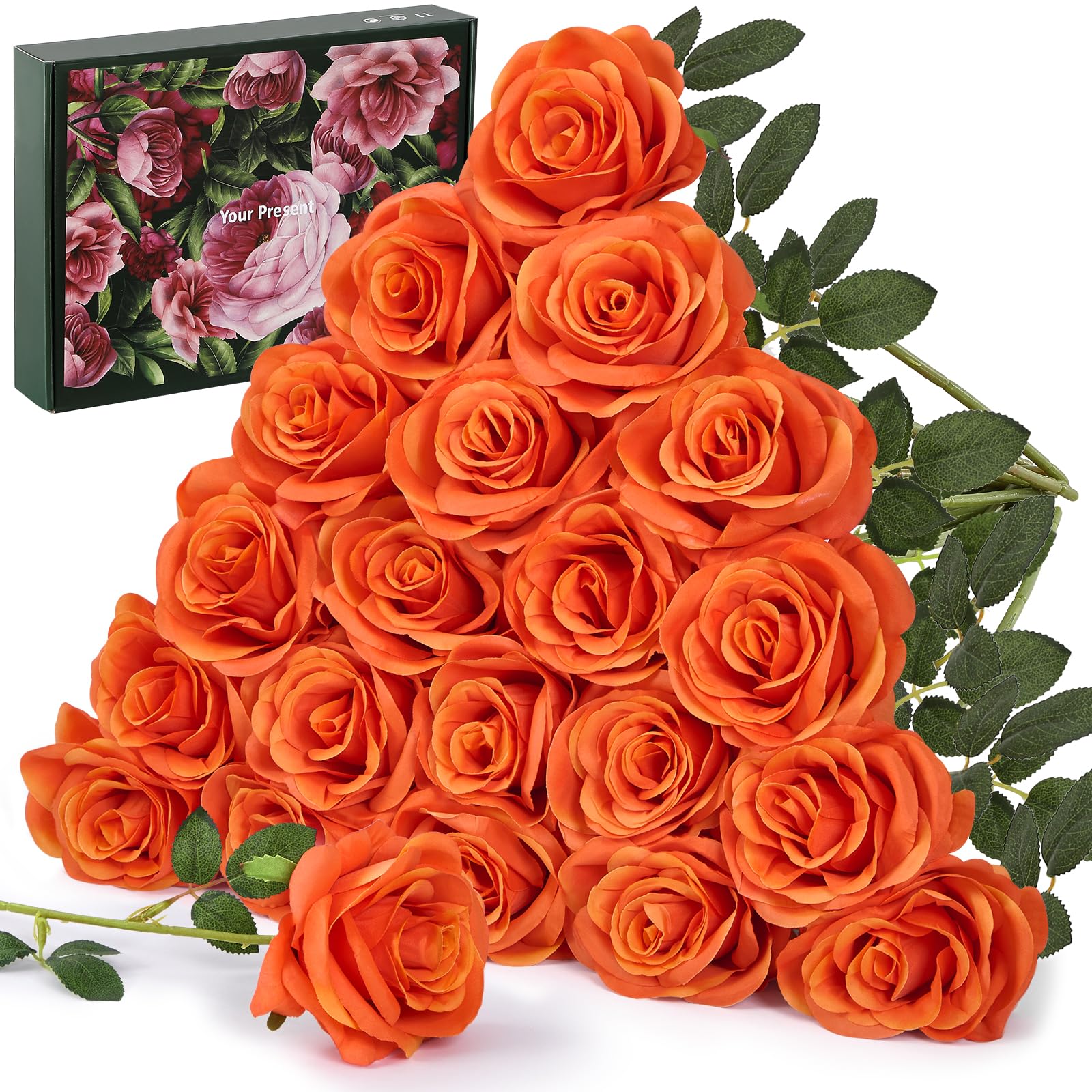 Photo 1 of 20PCS Artificial Light Orange Roses, 3.9'' Silk Flower Head Fake Light Orange Rose with Long Stems, Realistic Faux Roses Bouquet for Mother's Day DIY Wedding Home Party Office Decoration