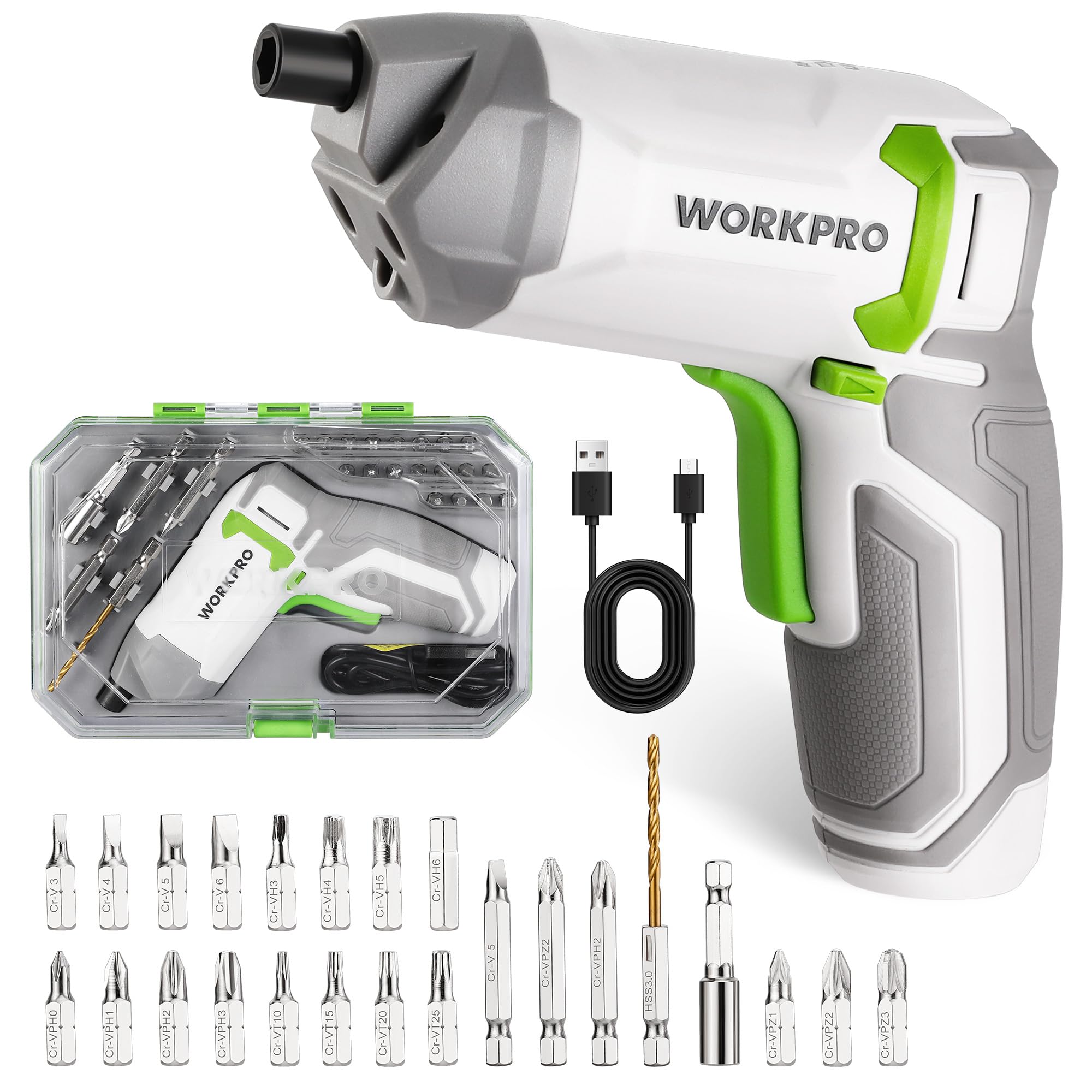 WORKPRO Powerful 3.6V Cordless Eccentric Electric Screwdriver Set with 240 RPM 7 Nm High-Torque Motor, Versatile Mini Drill with 24-Piece Bit Set, Perfect for DIY Projects and Home Repairs