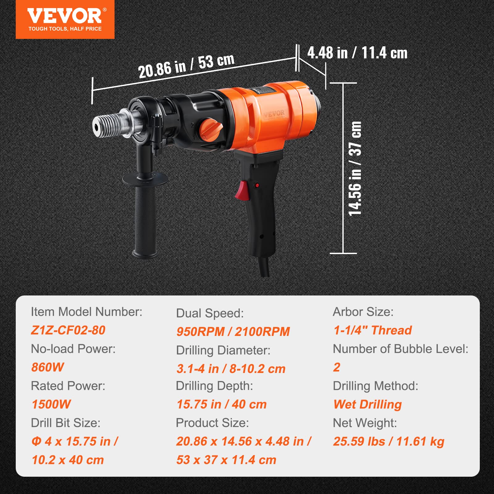 VEVOR Diamond Core Drilling Machine, 4in Handheld Wet Concrete Core Drill Rig, 1100-2400RPM Two Speed & 1-1/4