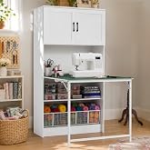HOMREST Foldable Sewing Craft Table with Large Capacity Storage Cabinet | Craft Foldable Table, Adjustable Tier, Built-in power strip &amp; USB ports, Craft Desk for Craft Room, Home Office
