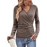 Ellunis Womens Deep V Neck Long Sleeve Wrap Tops Casual Shirts Sexy Wrap Ruched Blouse Tops