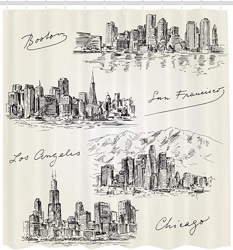 Amazon Com Lunarable Usa Shower Curtain American Cities Skylines Metropolis Architecture Sketch Style Hand Drawn Artwork Print Cloth Fabric Bathroom Decor Set With Hooks 105 Extra Wide Beige Black Home Kitchen
