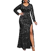 VERWIN Women's Mesh V Neck Long Sleeve Bodycon Slit Evening Party Prom Cocktail Gown Maxi Sequin Dress