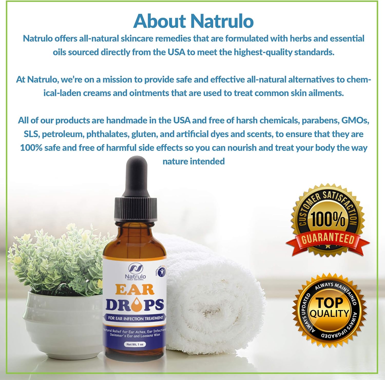 Natrulo Natural Ear Drops for Ear Infection Treatment - Homeopathic, Herbal Eardrops for Adults, Children & Pets - Relieves Ear Aches, Infections, Swimmer's Ear, Loosens Wax - Kids Safe, Made in USA: Health & Personal Care
