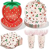 Strawberry Birthday Party Supplies Set, Disposable Tableware, Serves 25 | Complete strawberry party set includes 9'' &amp; 8.5'' plates, napkins, forks and cups for babyshower, shortcake, birthday