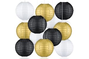 Panelee 12 Pcs 2026 New Years Party Decoration Paper Lantern 8 Inches Black Gold White Hanging Round Lanterns for Happy New Year Evn Party Decorations Supplies