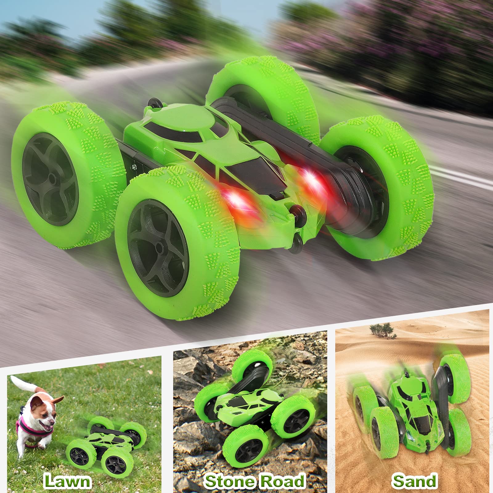 Remote Controlled Car, 90 Minutes Playtime, 2.4 GHz Double-Sided 360° Rotating RC Stunt Crawler with Headlights, 4WD Off Road Drift RC Car Toy Gifts for Boys 6-12 Green