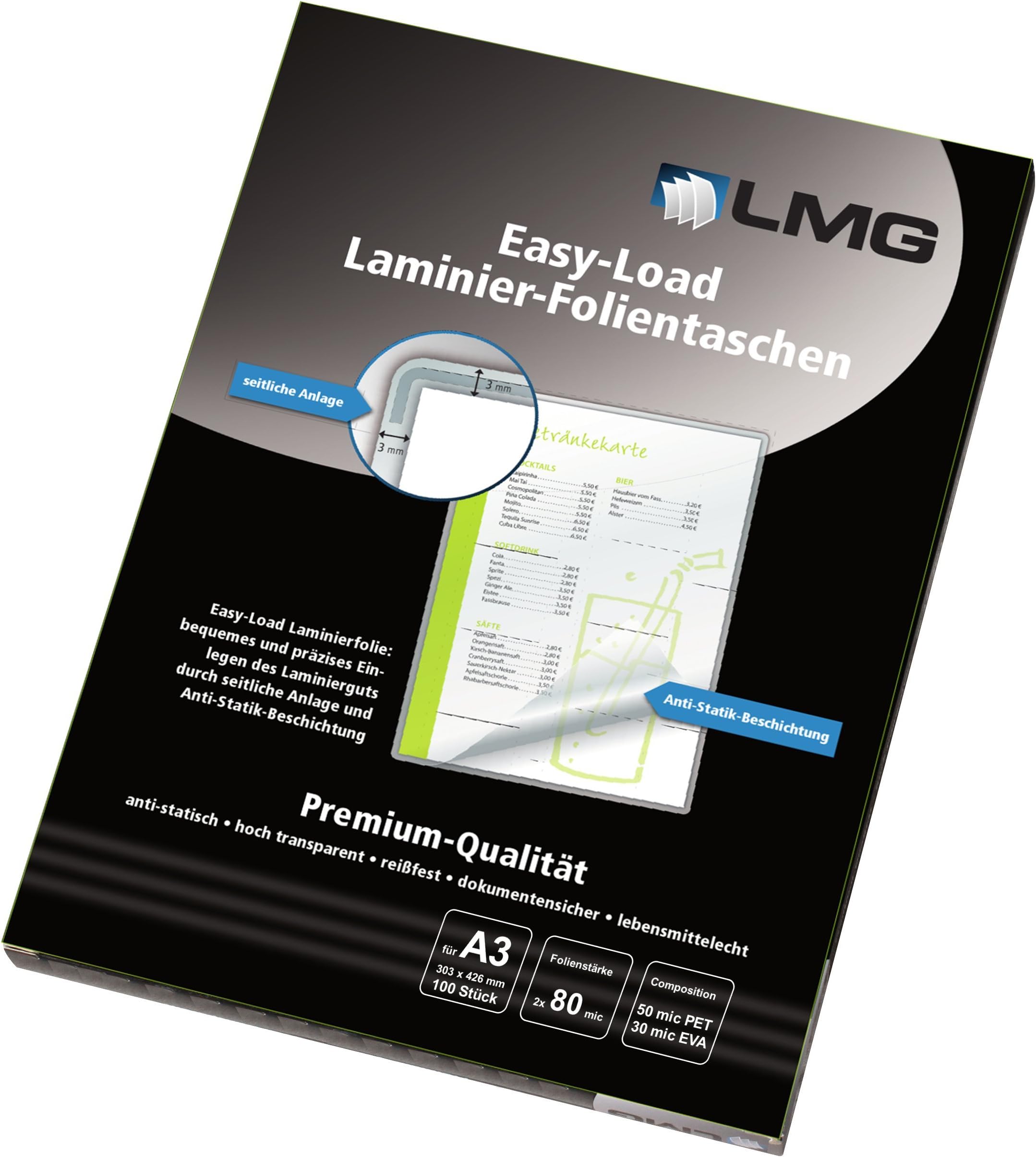 LMG LMGE-A3-80 Laminating Films, Easy Entry A4, 216 x 303 mm, 2 x 80 microns, 100 Pieces
