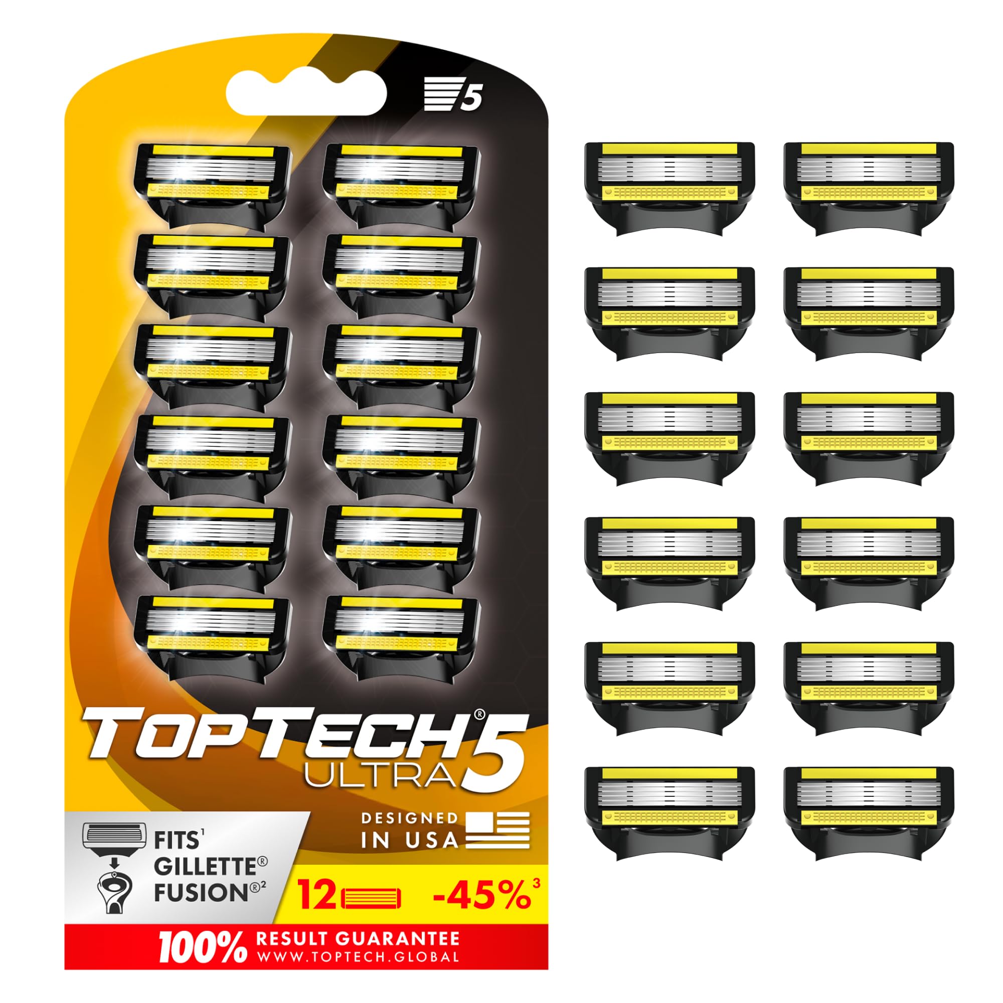 Photo 1 of TopTech ULTRA 5 Razors for Men - Replaceable Cartridges for Manual Shaving Razor - 5 Blades Technology Refills - 12 Count Pack - Fits Gillette Fusion - Soft Shave, Sharp Blades - Cost-effective Refill