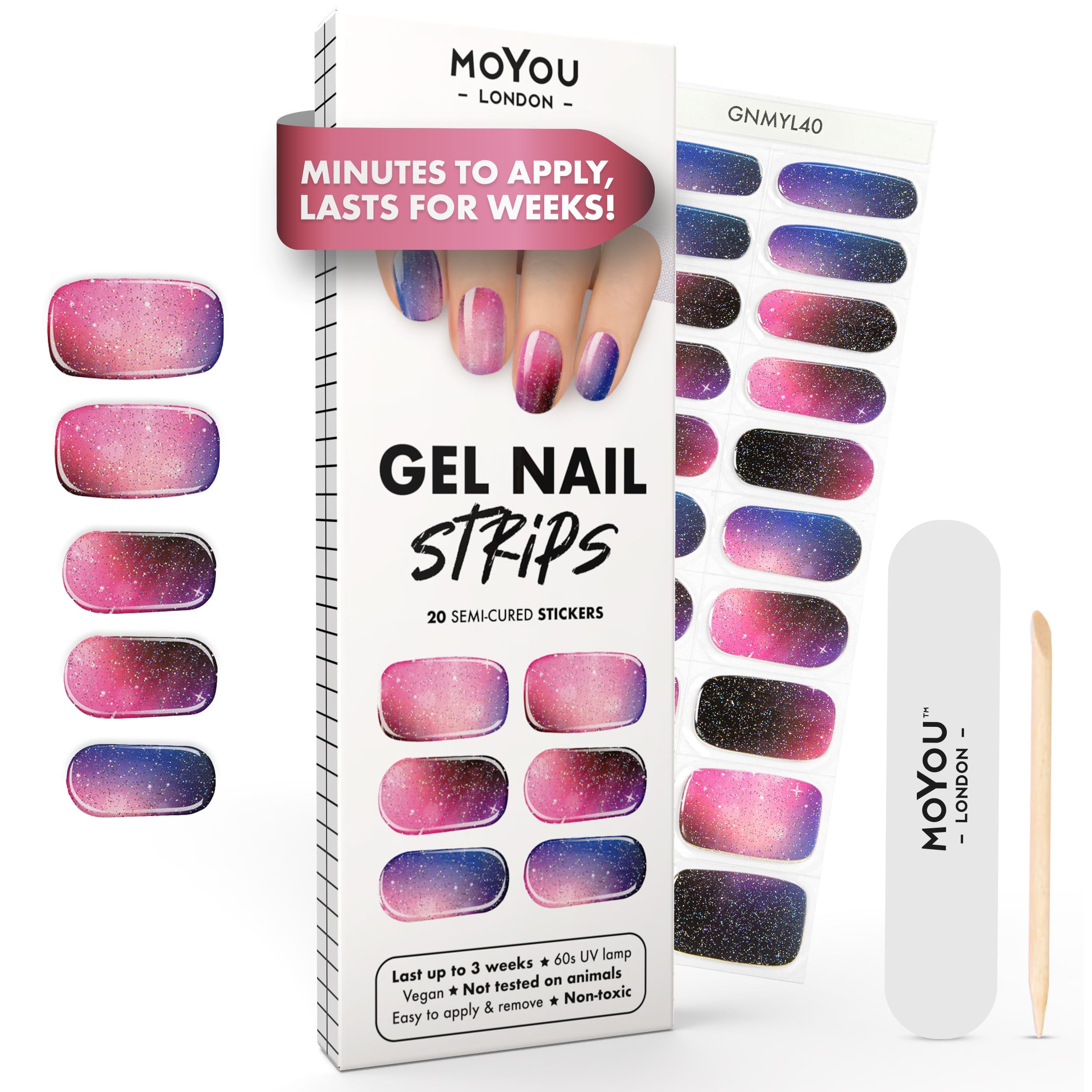 MOYOU LONDON Semi Cured Gel Nail Strips - 20 Pcs. Waterproof Gel Nail Wraps, Cures in Sunlight or UV/LED Lamp, Lasts Up to 2+ Weeks, Stretchable, Easy to Apply & Remove, Vegan & Cruelty-Free