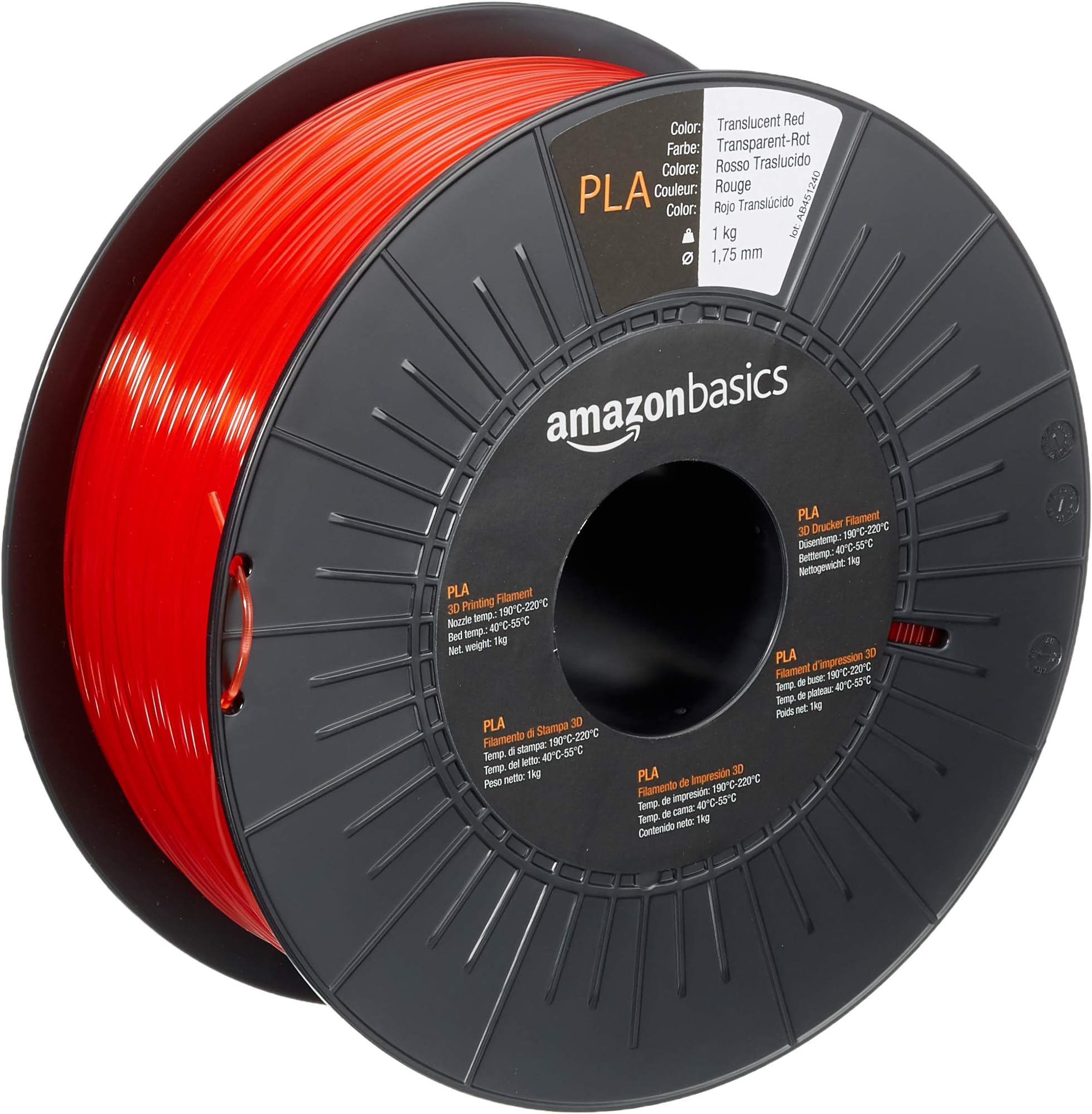 Amazon Basics PLA 3D Printer Filament, 1.75mm, Translucent Red, 1 kg Spool