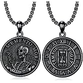 PELOVNY Memento Mori Necklace 925 Sterling Silver Stoic Skull Coin Pendant Necklace Carpe Diem Stoicism Skeleton Jewelry Gifts for Men Women Unisex