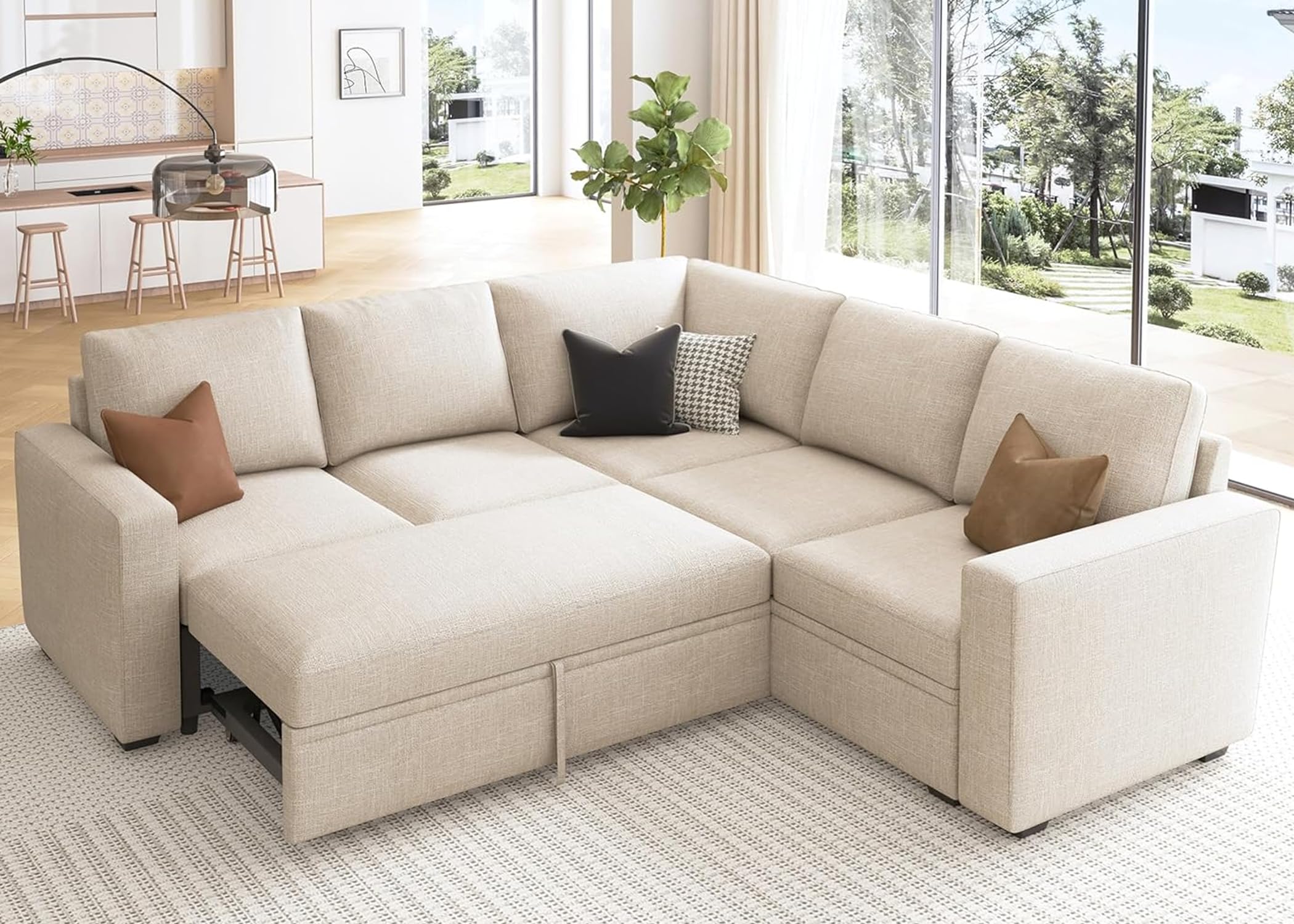 Photo 1 of ***PARTIAL SET - PRICE ADJUSTED***HONBAY Modular Sectional Sleeper Sofa with Pull Out Bed, L Shaped Couch with Storage Seat, Convertible Sectional Couches for Living Room, Beige